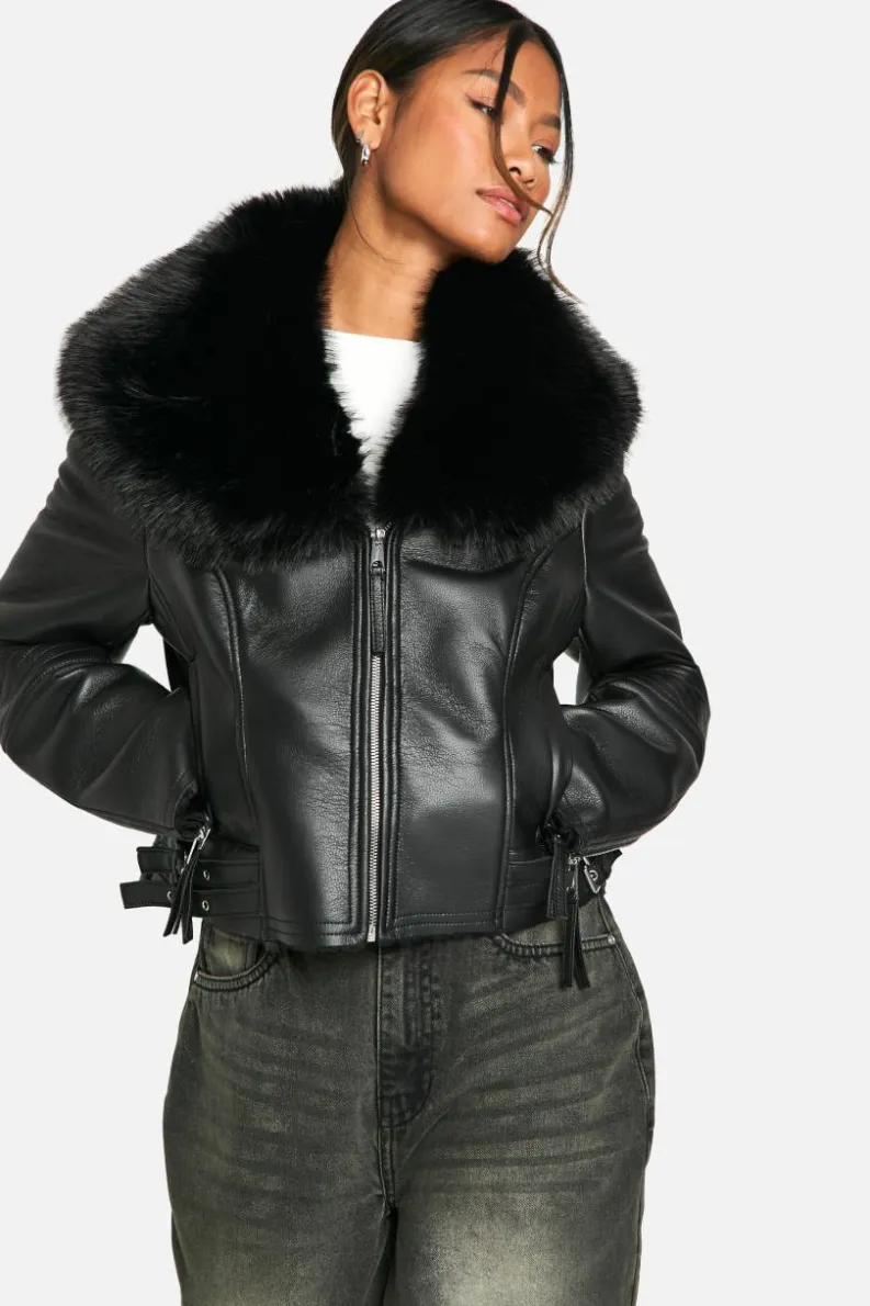 Clearance boohoo Premium Faux Fur Collar Jacket black