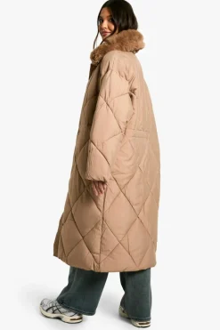 Discount boohoo Premium Faux Fur Trim Quilted Maxi Parka camel