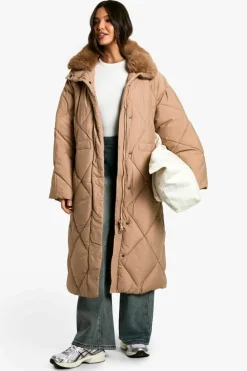 Discount boohoo Premium Faux Fur Trim Quilted Maxi Parka camel