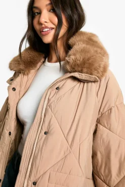 Discount boohoo Premium Faux Fur Trim Quilted Maxi Parka camel