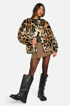 Discount boohoo Premium Faux Fur Bomber Jacket leopard