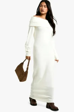 Cheap boohoo Premium Oversized Bardot Neckline Maxi Jumper Dress off white
