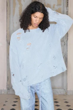 Hot boohooMAN Premium Oversized Distressed Rib Knit Jumper blue
