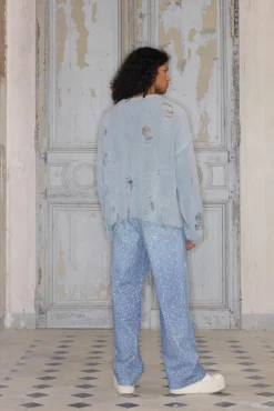 Hot boohooMAN Premium Oversized Distressed Rib Knit Jumper blue