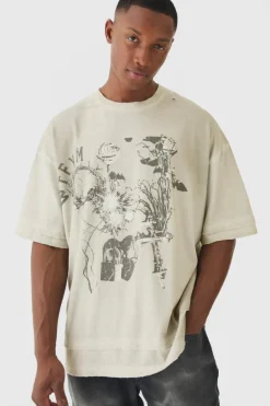Shop boohooMAN Premium Oversized Faux Layer Washed & Printed T-shirt stone
