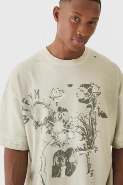 Shop boohooMAN Premium Oversized Faux Layer Washed & Printed T-shirt stone