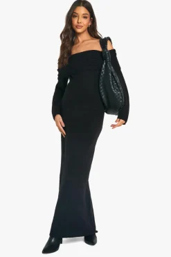 Cheap boohoo Premium Oversized Rib Bardot Neckline Soft Knit Jumper Dress black