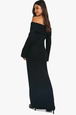 Cheap boohoo Premium Oversized Rib Bardot Neckline Soft Knit Jumper Dress black
