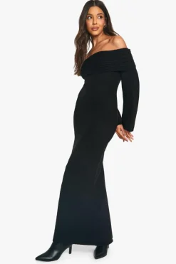 Cheap boohoo Premium Oversized Rib Bardot Neckline Soft Knit Jumper Dress black