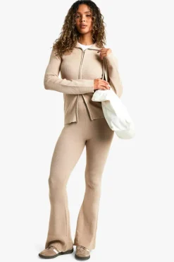 Best boohoo Premium Rib Knitted Double End Zip Up Jumper And Puddle Hem Trouser oatmeal