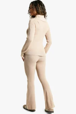 Best boohoo Premium Rib Knitted Double End Zip Up Jumper And Puddle Hem Trouser oatmeal
