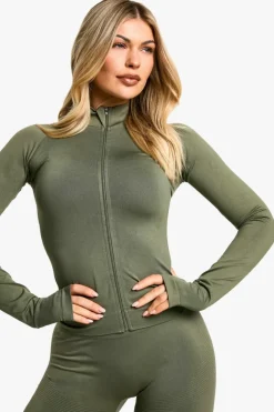 Cheap boohoo Premium Sculpt Seamless Zip Through Sports Jacket khaki