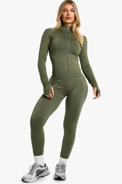 Cheap boohoo Premium Sculpt Seamless Zip Through Sports Jacket khaki