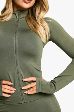 Cheap boohoo Premium Sculpt Seamless Zip Through Sports Jacket khaki