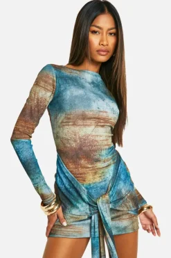 Cheap boohoo Printed Tie Front Mesh Mini Dress green