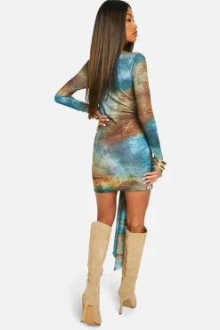 Cheap boohoo Printed Tie Front Mesh Mini Dress green