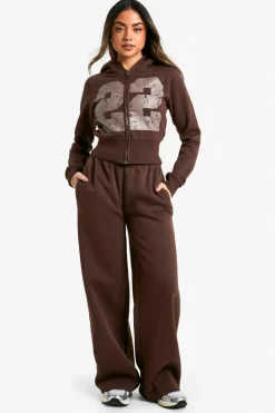 Fashion boohoo 22 Print Zip Through Shrunken Tracksuit chocolate