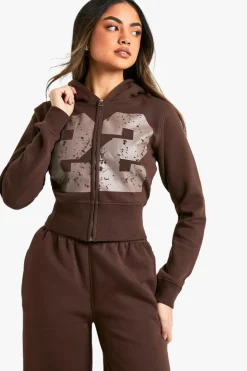 Fashion boohoo 22 Print Zip Through Shrunken Tracksuit chocolate