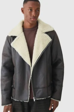 Cheap boohooMAN PU Borg Collar Aviator Jacket In dark brown