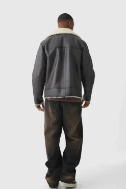 Cheap boohooMAN PU Borg Collar Aviator Jacket In dark brown