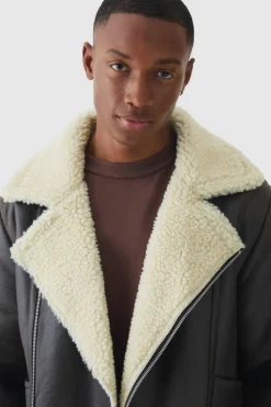 Cheap boohooMAN PU Borg Collar Aviator Jacket In dark brown