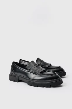 Sale boohooMAN Pu Chunky Sole Tassel Loafer In black