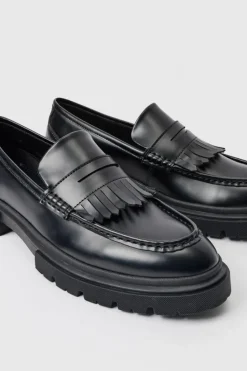 Sale boohooMAN Pu Chunky Sole Tassel Loafer In black
