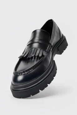 Sale boohooMAN Pu Chunky Sole Tassel Loafer In black