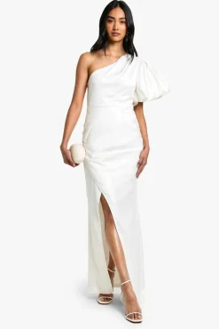Shop boohoo Puff One Shoulder Side Split Maxi Dress white