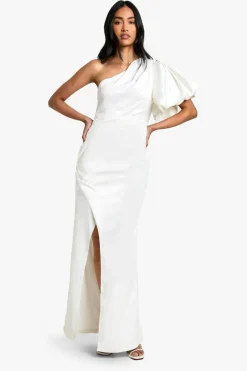 Shop boohoo Puff One Shoulder Side Split Maxi Dress white