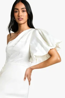 Shop boohoo Puff One Shoulder Side Split Maxi Dress white