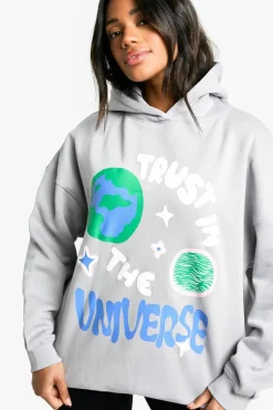 Online boohoo Puff Print Slogan Oversized Hoodie ice grey