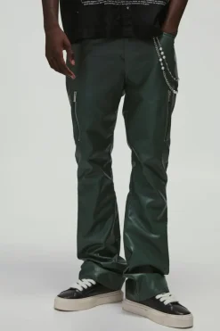 Outlet boohooMAN PU Fixed Waist Slim Flare Zip Trousers green