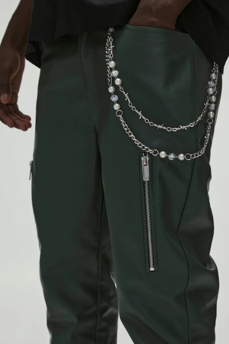 Outlet boohooMAN PU Fixed Waist Slim Flare Zip Trousers green