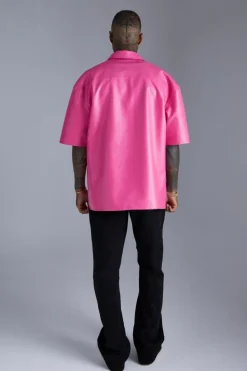 Shop boohooMAN PU Oversized Shirt pink