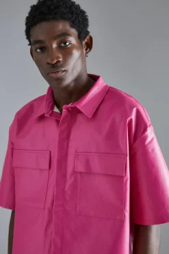 Shop boohooMAN PU Oversized Shirt pink