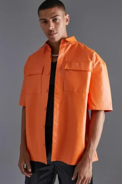 Store boohooMAN PU Oversized Shirt orange