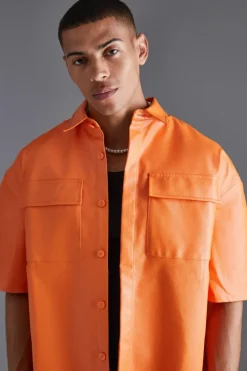 Store boohooMAN PU Oversized Shirt orange