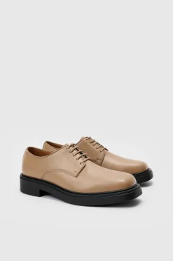 Discount boohooMAN PU Square Toe Lace Up Loafer In stone