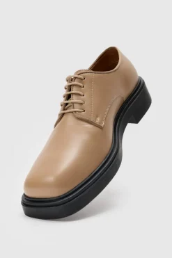 Discount boohooMAN PU Square Toe Lace Up Loafer In stone