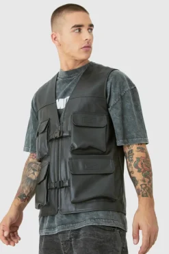 Hot boohooMAN Pu Utility Vest black