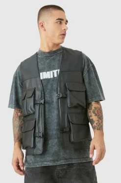 Hot boohooMAN Pu Utility Vest black