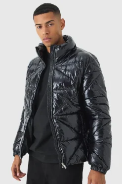 Flash Sale boohooMAN Quilted High Shine Vinyl Funnel Neck Puffer In black
