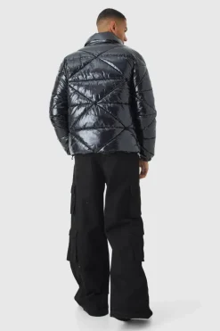 Flash Sale boohooMAN Quilted High Shine Vinyl Funnel Neck Puffer In black