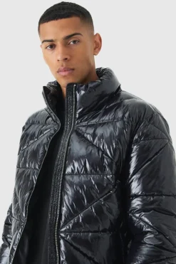Flash Sale boohooMAN Quilted High Shine Vinyl Funnel Neck Puffer In black