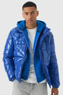 Cheap boohooMAN Quilted High Shine Vinyl Funnel Neck Puffer In blue