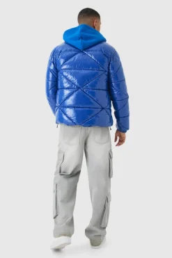 Cheap boohooMAN Quilted High Shine Vinyl Funnel Neck Puffer In blue