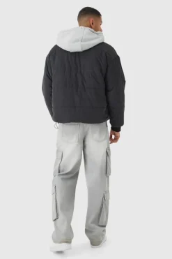 Clearance boohooMAN Quilted Hooded Faux Layer Bomber Jacket In black