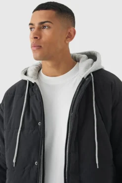 Clearance boohooMAN Quilted Hooded Faux Layer Bomber Jacket In black