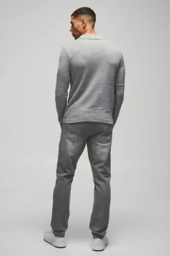 Shop boohooMAN Regular Button Neck Long Sleeve Knitted Polo light grey